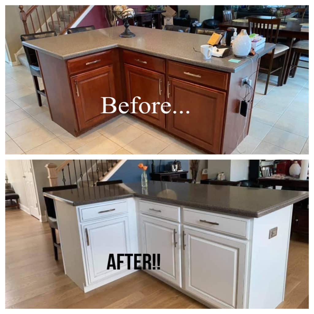 before and after painting dark wood cabinets white