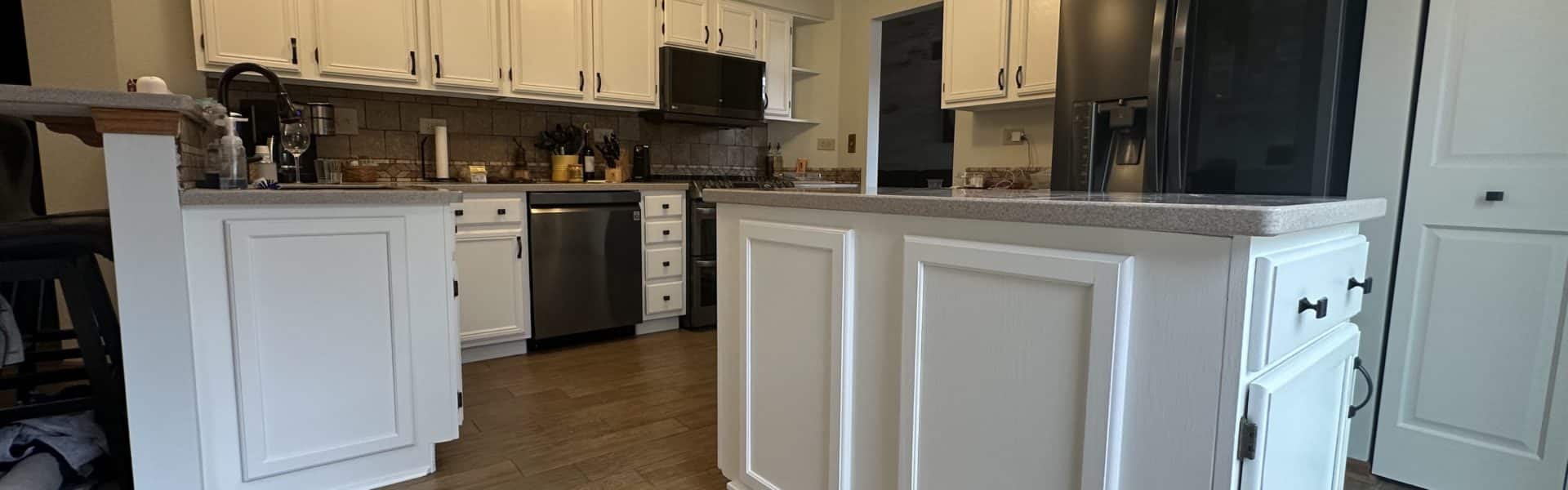 White painted island cabinets